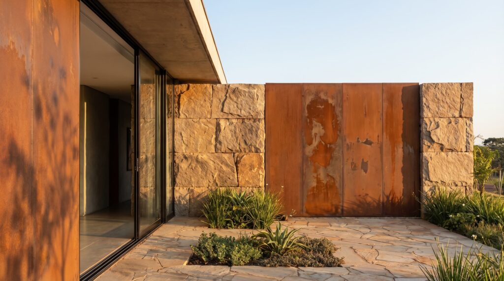 Detalhe de pátio externo em residência de luxo com painéis de aço corten oxidado, muros de pedra natural bruta e piso em laje de pedra orgânica, projeto por Raphael Davila Arquitetura.
