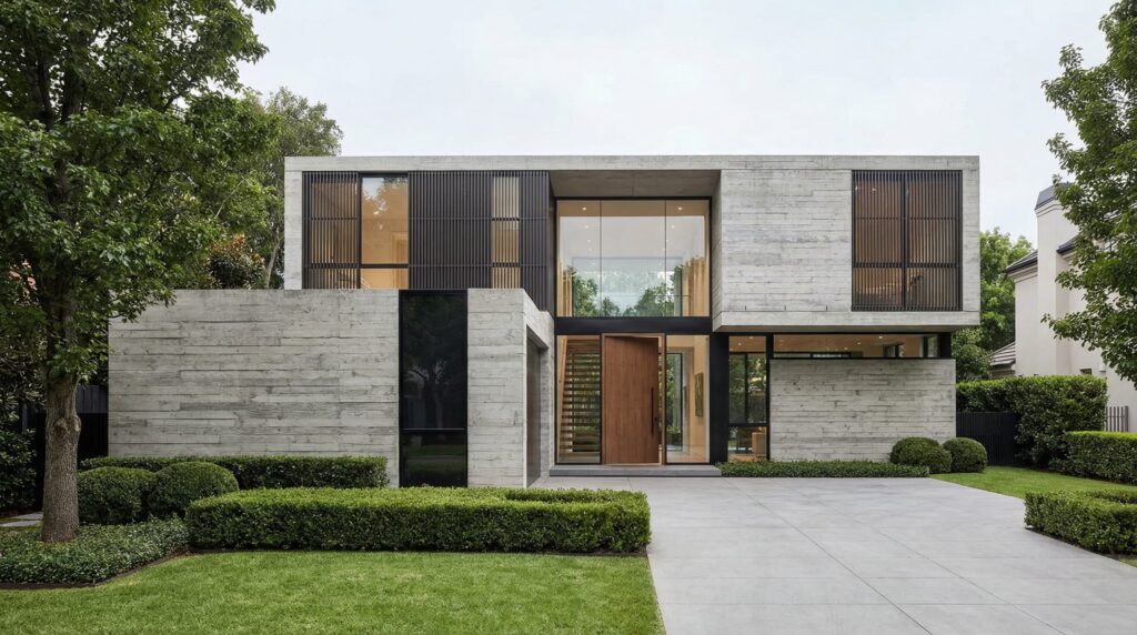 Fachada de casa urbana de luxo com volumes em concreto aparente ripado, brises verticais pretos, grandes janelas de vidro de pé-direito duplo e porta monumental em madeira, projeto por Raphael Davila.