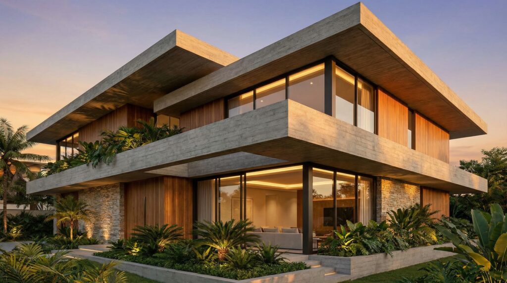 Casa de alto padrão com grandes balanços em concreto aparente, painéis de madeira, base em pedra natural e iluminação quente integrada ao paisagismo tropical, projeto por Raphael Davila.