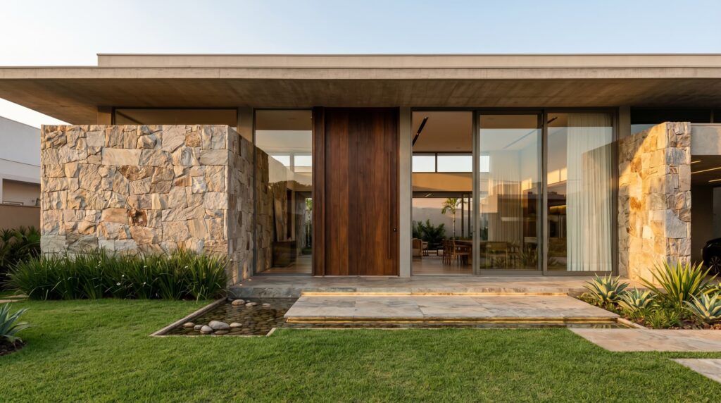Entrada principal de casa de luxo com porta monumental em madeira de lei, paredes revestidas em pedra bruta clara, espelho d'água com seixos e iluminação embutida no piso, projeto por Raphael Davila Arquitetura.