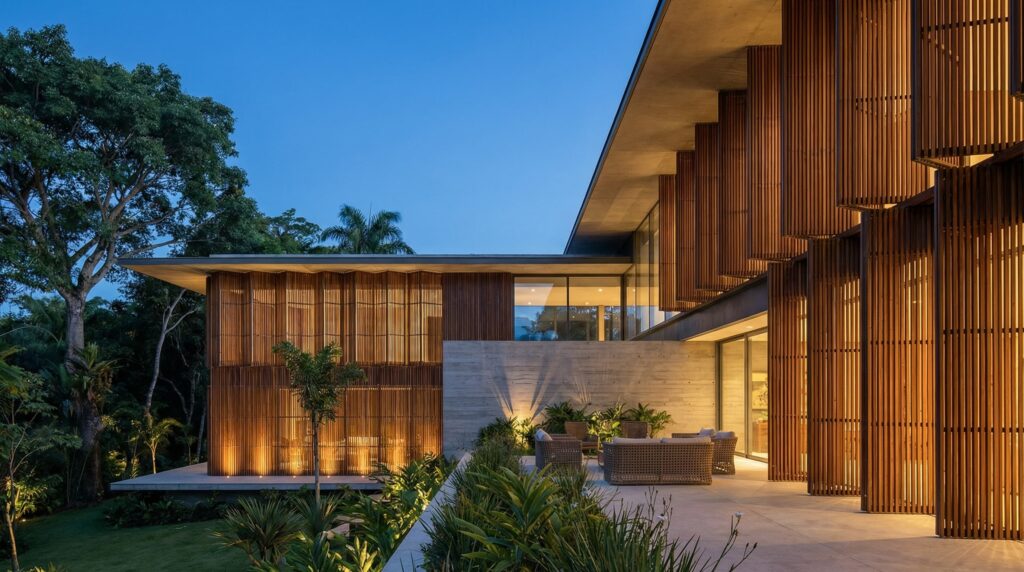 Fachada de casa de luxo ao anoitecer com sistema de brises camarão em madeira, paredes de concreto ripado, amplos terraços e iluminação interna quente, projeto por Raphael Davila.