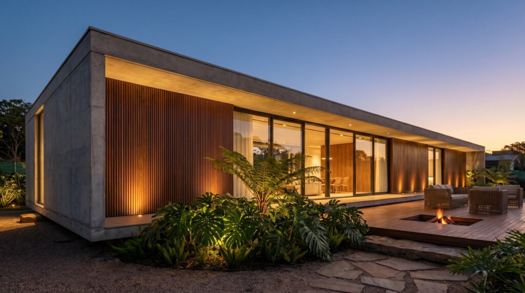 Pavilhão residencial moderno em concreto aparente e madeira, com grandes portas de correr em vidro, deck de madeira com lareira externa (fire pit) e paisagismo tropical iluminado ao anoitecer, projeto por Raphael Davila Arquitetura.