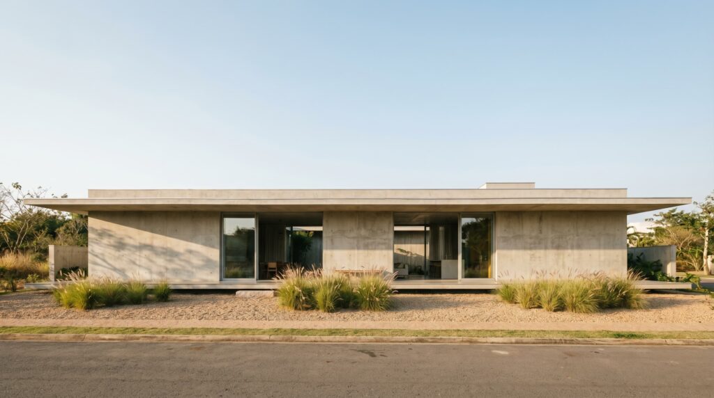Fachada de casa térrea minimalista em concreto aparente, com grandes vãos envidraçados, cobertura em laje plana protendida e paisagismo com gramíneas e areia, projeto por Raphael Davila Arquitetura.