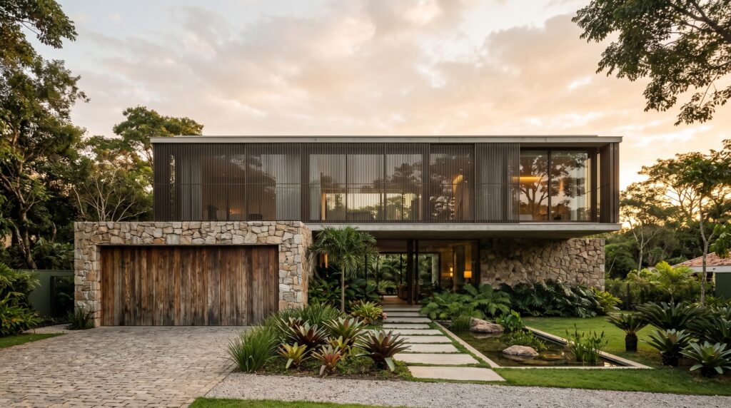 Fachada de casa moderna com pavimento superior em brises metálicos pretos, pavimento térreo em pedra natural bruta e madeira, espelho d'água com vegetação e garagem em madeira de lei, projeto por Raphael Davila Arquitetura.