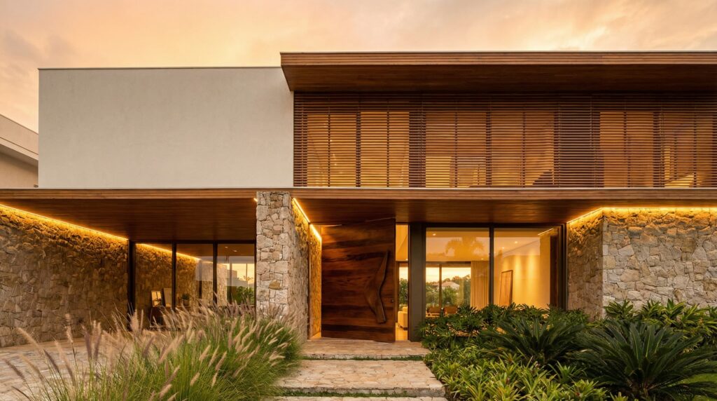 Entrada de casa de luxo com paredes em pedra moledo, brises de madeira horizontais, porta pivotante monumental e iluminação linear de LED sob o beiral ao entardecer, projeto por Raphael Davila.