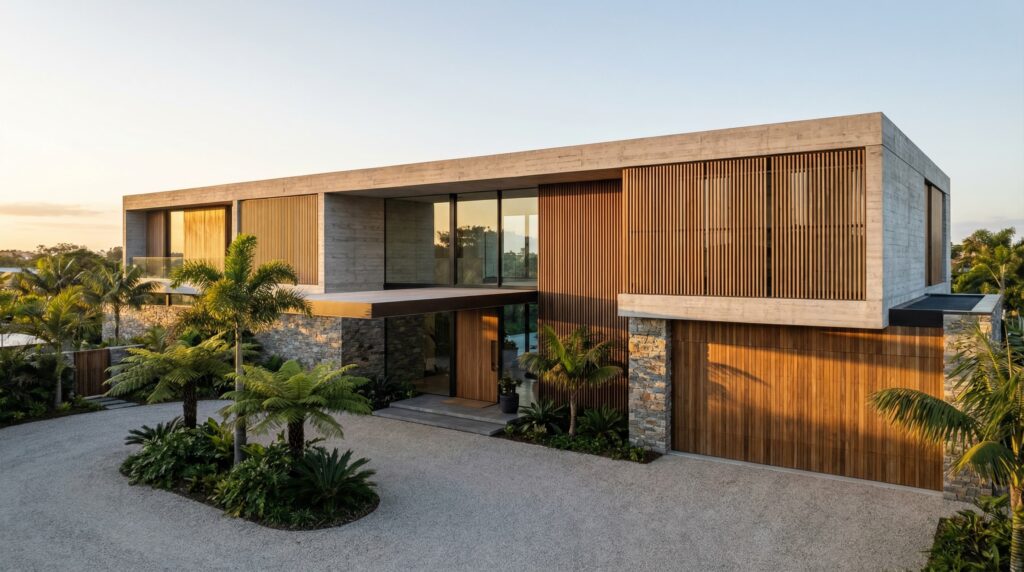 Fachada de casa de luxo com volumes em concreto aparente, brises verticais de madeira, garagem com portão de madeira ripada e paisagismo com palmeiras e samambaia-açu, projeto por Raphael Davila.