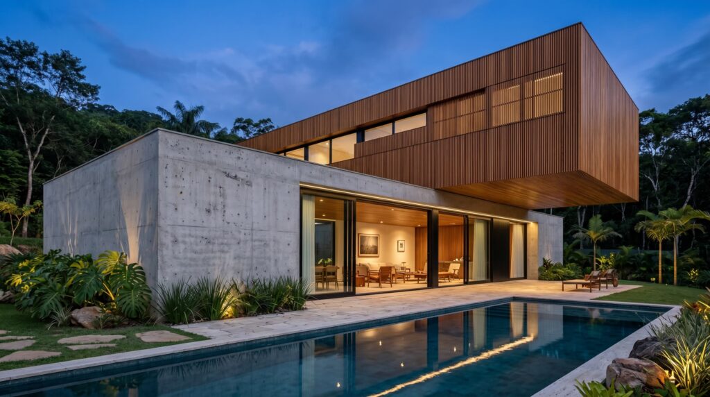 Casa de luxo com grande volume superior em balanço revestido de madeira ripada, pavimento térreo em concreto aparente, living integrado à área da piscina e paisagismo tropical, projeto por Raphael Davila Arquitetura.