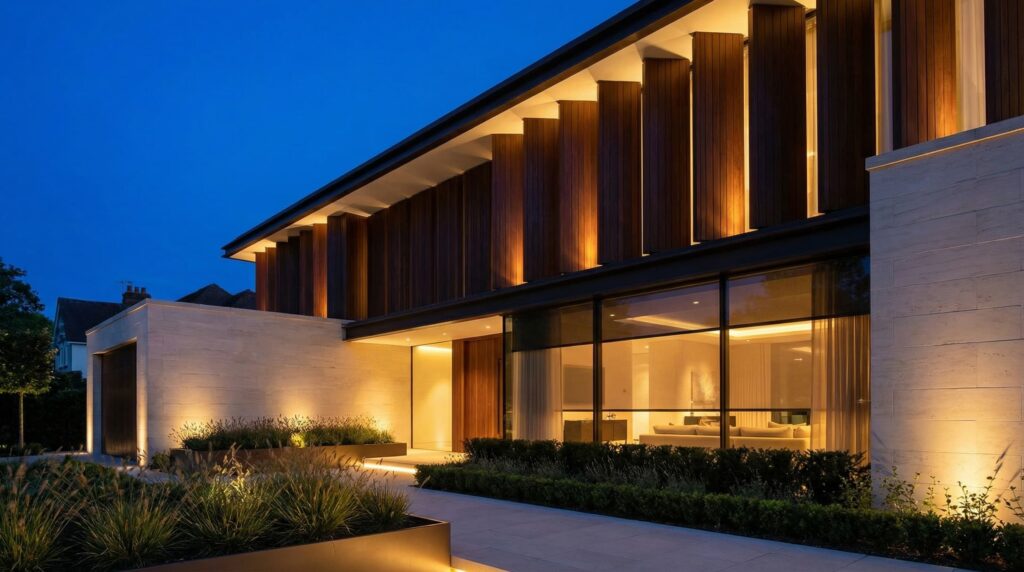 Fachada noturna de casa de alto padrão com brises verticais de madeira iluminados, grandes panos de vidro, paredes em pedra clara e jardins com iluminação de balizamento, projeto por Raphael Davila.