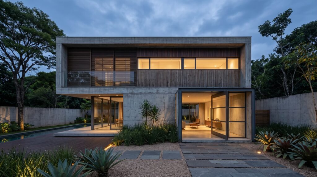Fachada noturna de casa de luxo com estrutura em concreto aparente, grandes janelas de vidro, porta pivotante monumental em serralheria e vidro, e jardim com suculentas e pedriscos, projeto por Raphael Davila Arquitetura.