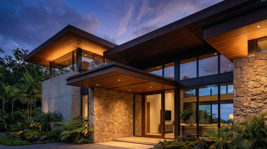 Fachada de casa de luxo ao anoitecer com volumes em pedra rústica, concreto aparente, forros amadeirados iluminados e grandes panos de vidro, projeto por Raphael Davila.