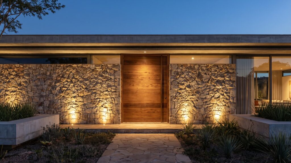 Entrada principal de residência de alto padrão com porta monumental em madeira, muros laterais em pedra bruta com iluminação focal ascendente e caminho em pedra irregular, projeto por Raphael Davila Arquitetura.