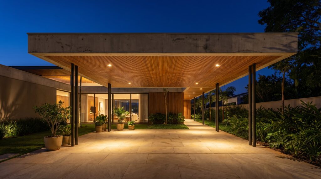 Área de garagem coberta de casa de luxo com forro em madeira ripada, pilares metálicos pretos, iluminação embutida quente, piso em grandes formatos de pedra e paisagismo tropical, projeto por Raphael Davila Arquitetura.
