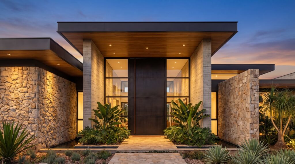 Fachada de casa de luxo com entrada imponente, porta monumental em aço corten, paredes revestidas em pedra natural e concreto ripado, projeto por arquiteto de alto padrão Raphael Davila.
