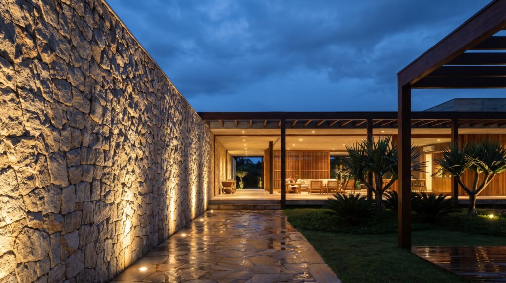 Percurso de entrada de casa de luxo com muro monumental em pedra natural bruta iluminado por balizadores de solo, caminho em pedra irregular e área social ao fundo, projeto por arquiteto de alto padrão Raphael Davila.