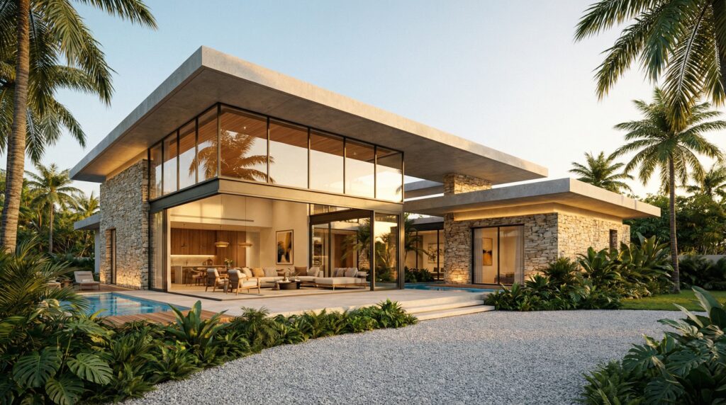 Vista externa de casa de luxo com grande living envidraçado de pé-direito duplo, lajes em balanço de concreto aparente, paredes em pedra moledo e piscina integrada ao deck, projeto por Raphael Davila.