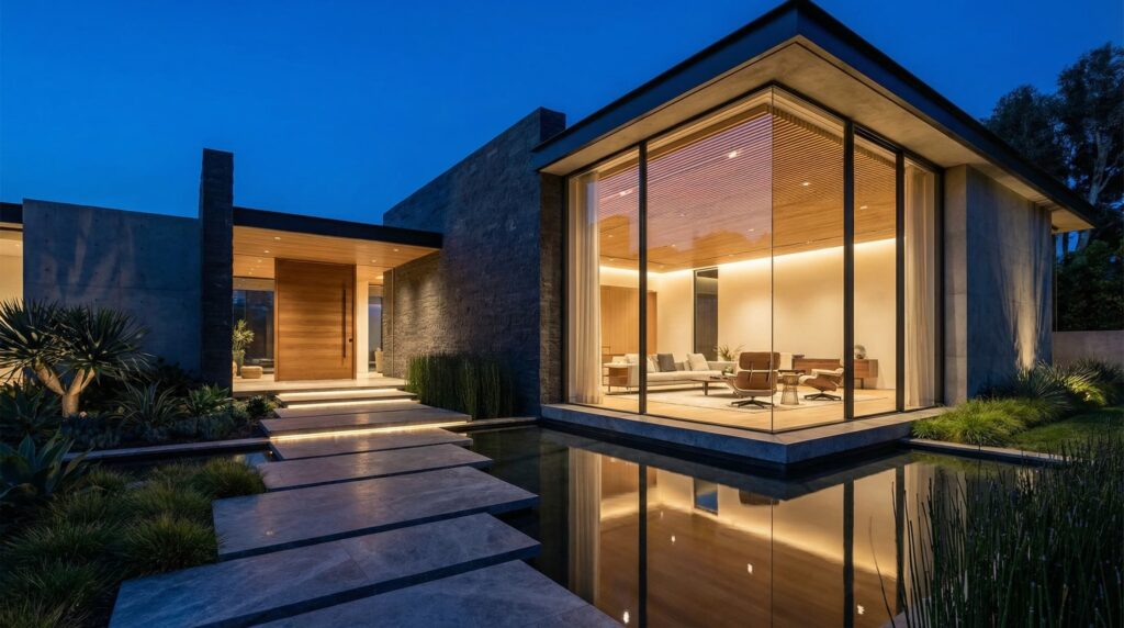 Living envidraçado de casa de luxo com pé-direito alto, forro em madeira ripada, iluminação interna quente, refletido em espelho d'água com caminho de pedras flutuantes, projeto por Raphael Davila.