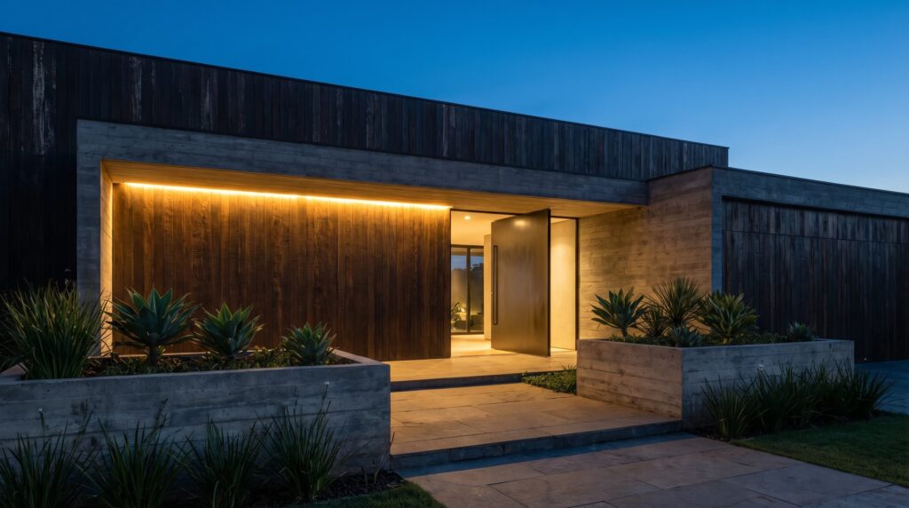 Fachada de casa de luxo ao entardecer com destaque para a iluminação linear embutida em painéis de madeira escura, volumes em concreto aparente e floreiras de concreto com agave, projeto por arquiteto de alto padrão Raphael Davila.