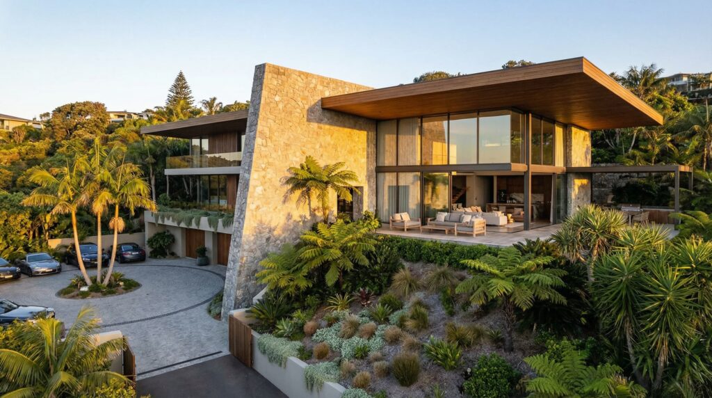 Vista aérea de casa de luxo construída em declive com grande muro inclinado de pedra natural, living gourmet com pé-direito duplo envidraçado, terraços com vegetação e pátio circular para carros, projeto por Raphael Davila.