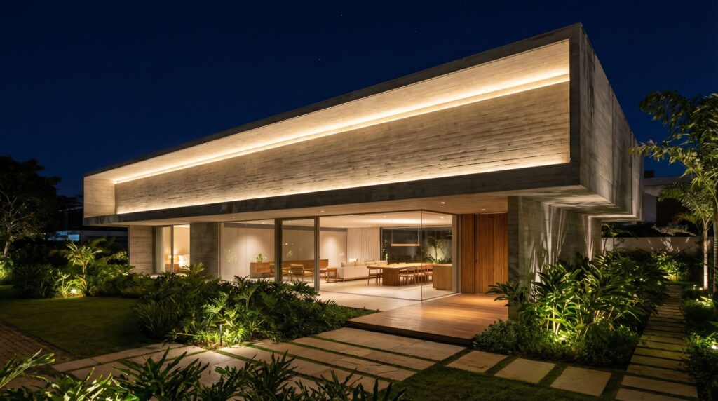 Fachada noturna de casa de luxo com grande volume em concreto ripado suspenso, iluminação linear LED embutida, living integrado com fechamento em vidro e paisagismo tropical iluminado, projeto por arquiteto de alto padrão Raphael Davila.