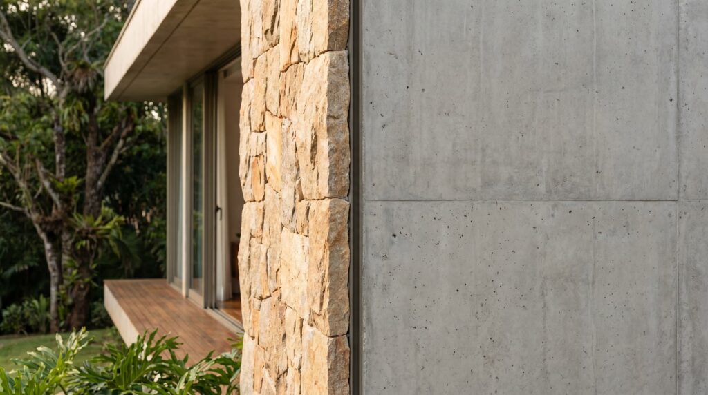 Detalhe construtivo de casa de luxo mostrando o encontro de parede em pedra natural bruta com pilar de concreto aparente, deck de madeira ao fundo e vegetação, projeto por arquiteto de alto padrão Raphael Davila.