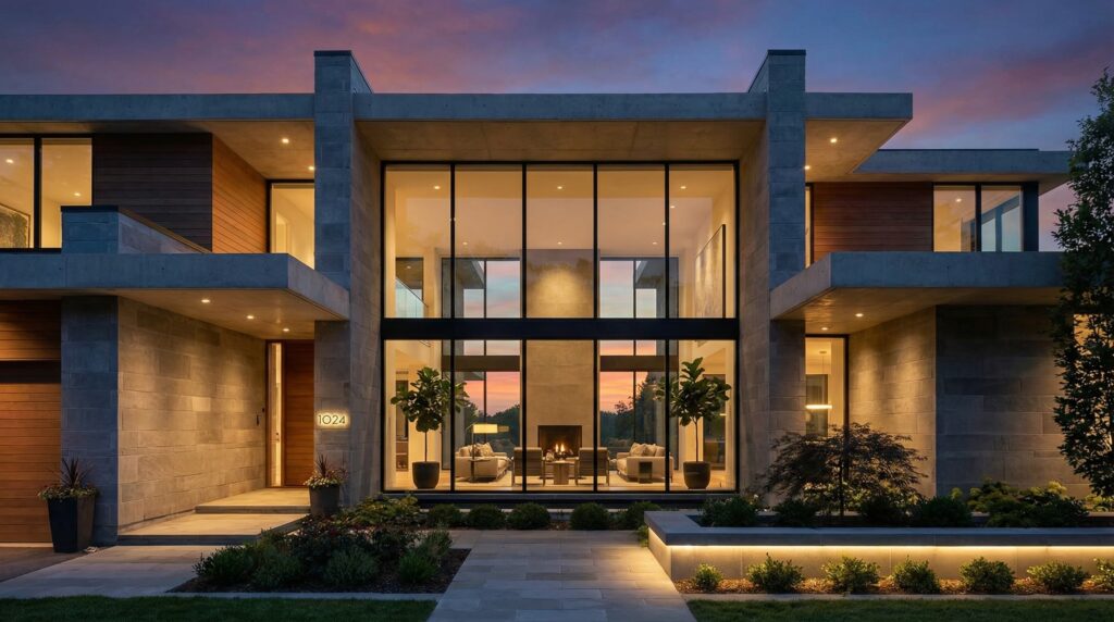 Fachada de casa de luxo com grande living central envidraçado de pé-direito duplo, volumes laterais em pedra cinza e concreto, iluminação interna destacando a lareira e jardins frontais iluminados, projeto por Raphael Davila.