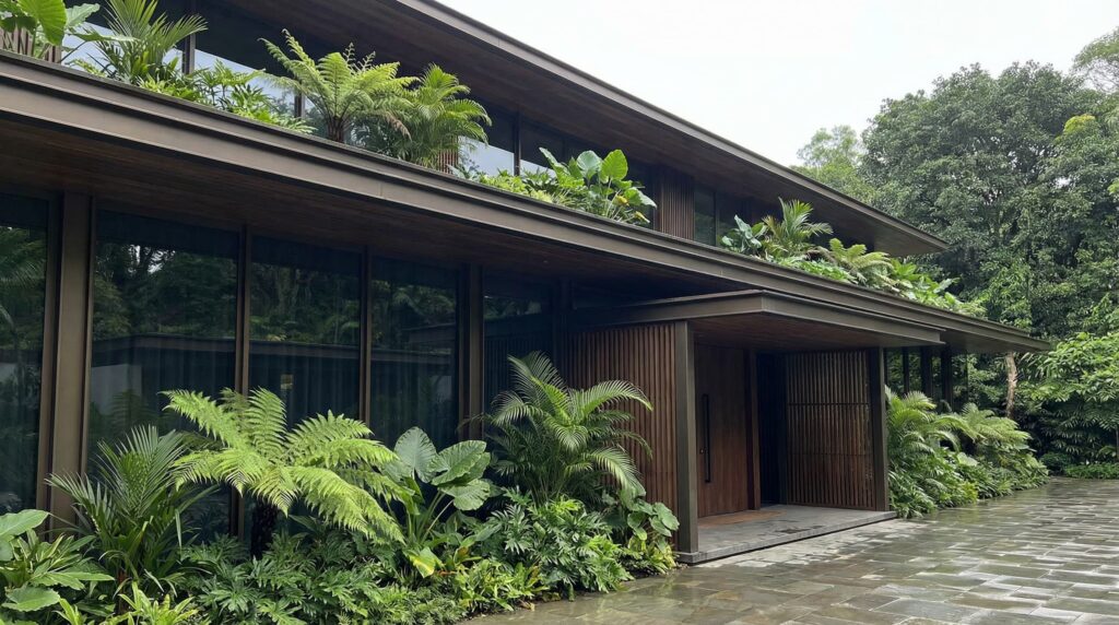 Fachada de casa de luxo com jardins suspensos no pavimento superior, grandes aberturas em vidro escuro, painéis de madeira ripada e entrada em pedra, projeto por Raphael Davila.