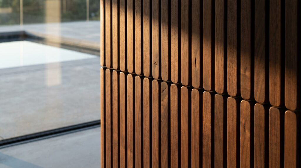 Close-up de painel em madeira maciça ripada com acabamento arredondado, detalhe de marcenaria de alto padrão em fachada residencial, projeto por arquiteto Raphael Davila.