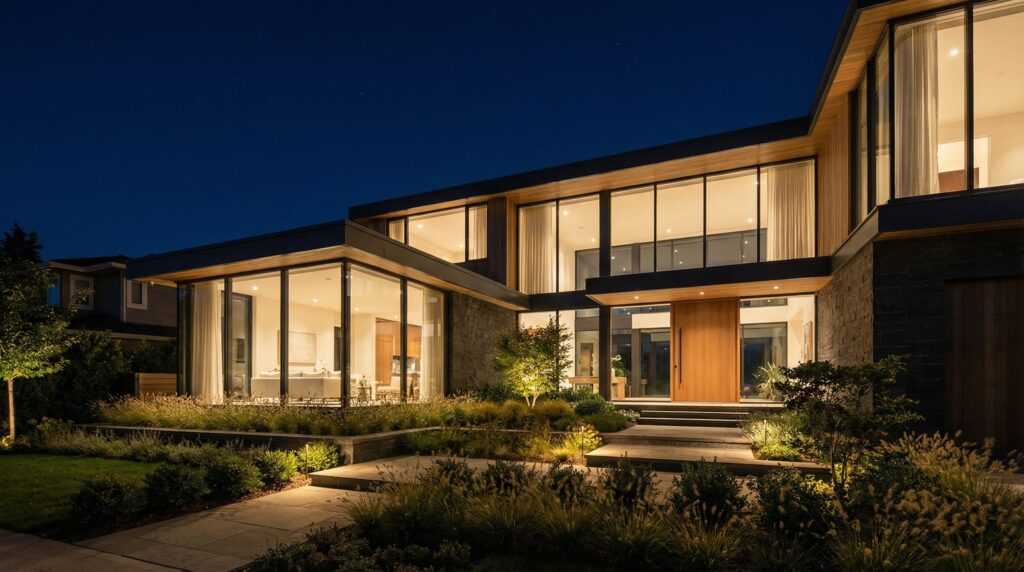 Fachada noturna de casa de alto padrão com grandes volumes de vidro, iluminação interna acolhedora, paredes em pedra natural escura e jardins iluminados com capim-do-pêlo, projeto por Raphael Davila.