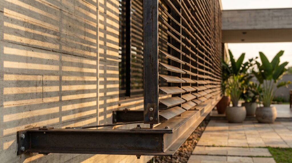 Detalhe técnico de brise metálico horizontal fixado em perfil de aço sobre parede de concreto ripado, com sombras projetadas e vasos de plantas ao fundo, projeto por arquiteto de alto padrão Raphael Davila.