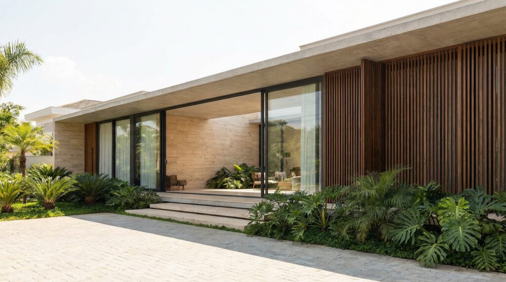 Fachada de casa térrea de luxo com volumes em mármore travertino, brises verticais de madeira, laje plana em concreto aparente e grandes portas de correr de vidro integrando ao jardim, projeto por Raphael Davila.