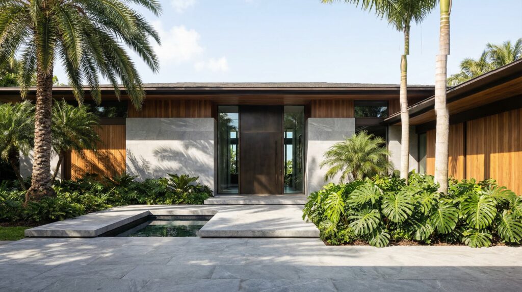 Entrada de casa de luxo com passarela sobre espelho d'água, paredes em placas de pedra cinza, forro de madeira e porta pivotante metálica, cercada por paisagismo tropical, projeto por Raphael Davila.