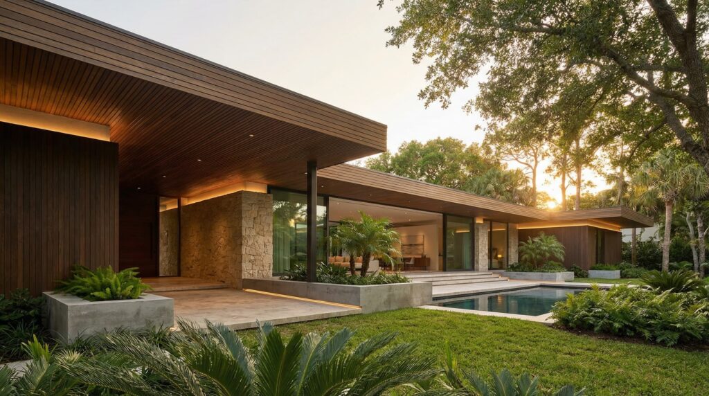 Fachada de casa térrea de luxo com forro de madeira iluminado, paredes em pedra rústica e concreto aparente, living aberto para deck de piscina e jardim tropical, projeto por Raphael Davila.
