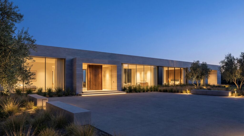 Fachada linear de casa de luxo com volumes em concreto cinza, grandes vãos envidraçados revelando suítes iluminadas e porta monumental em madeira, projeto por Raphael Davila.