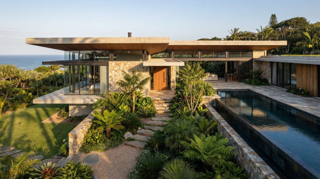 Casa de alto padrão com estrutura em concreto e madeira, grandes planos de vidro, piscina de borda infinita com vista para o mar e paisagismo tropical denso, projeto por Raphael Davila.