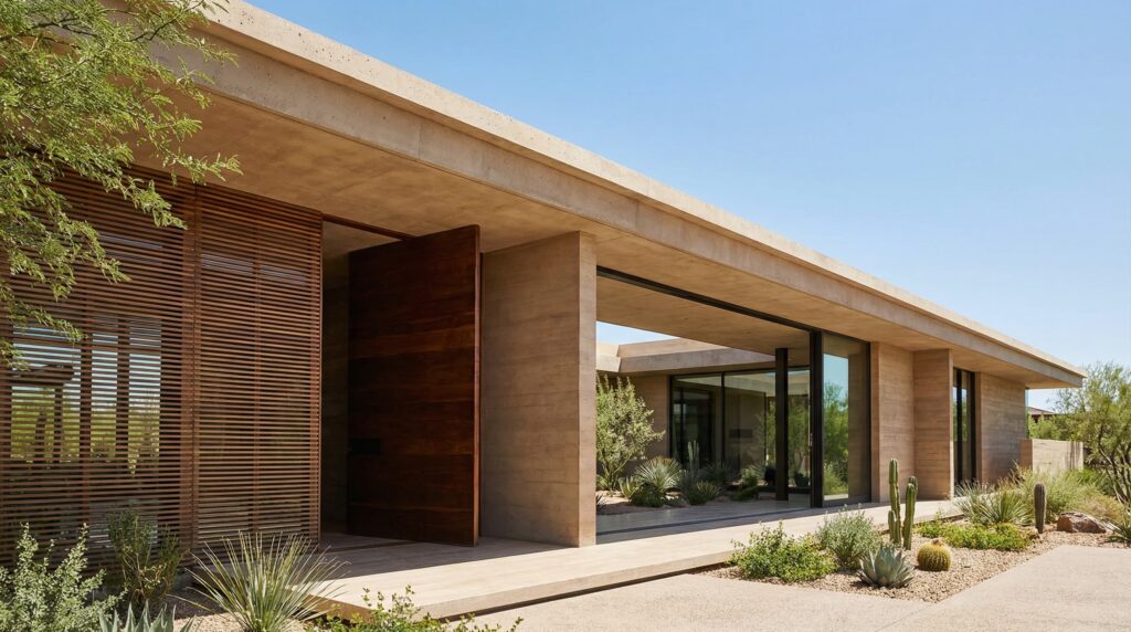 Fachada de casa contemporânea em concreto pigmentado terracota, porta pivotante monumental em madeira, brises verticais e jardim com cactos e suculentas, projeto por Raphael Davila.