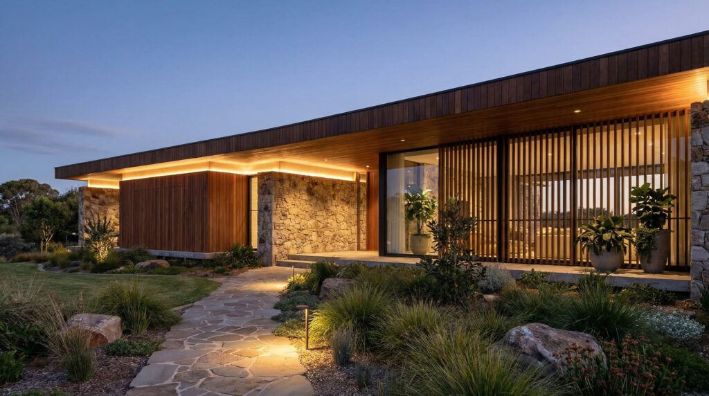 Fachada de casa de luxo com iluminação embutida no beiral de madeira, parede de pedra bruta, brises verticais e caminho de pedras irregulares no jardim, projeto por Raphael Davila.