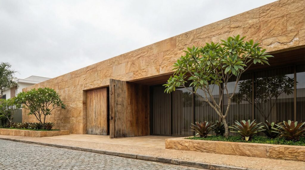 Fachada de casa de luxo com extensas paredes em pedra natural ocre, portas monumentais em madeira de demolição e jardim com bromélias e árvores tropicais, projeto por Raphael Davila.