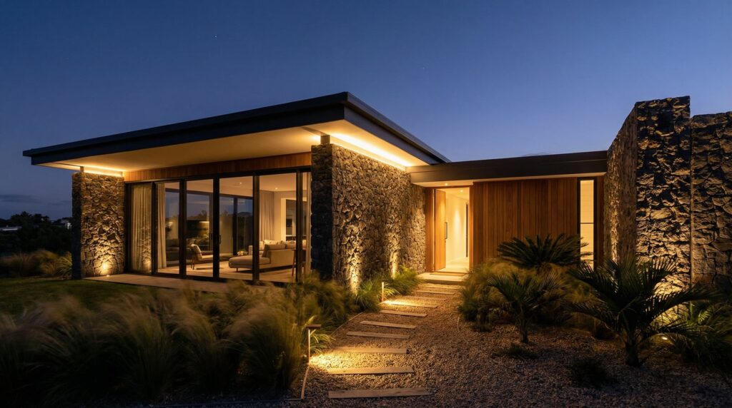 Fachada de casa de luxo com paredes em pedra moledo, iluminação linear no beiral, grandes portas de correr em vidro e caminho de acesso em madeira e brita, projeto por Raphael Davila.