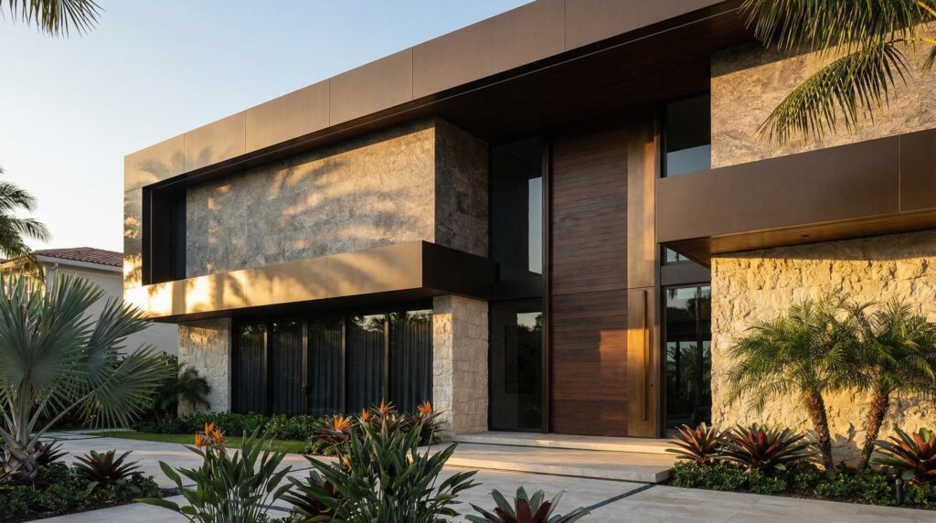 Fachada de casa térrea de luxo com volumes em mármore travertino, brises verticais de madeira, laje plana em concreto aparente e grandes portas de correr de vidro integrando ao jardim, projeto por Raphael Davila.