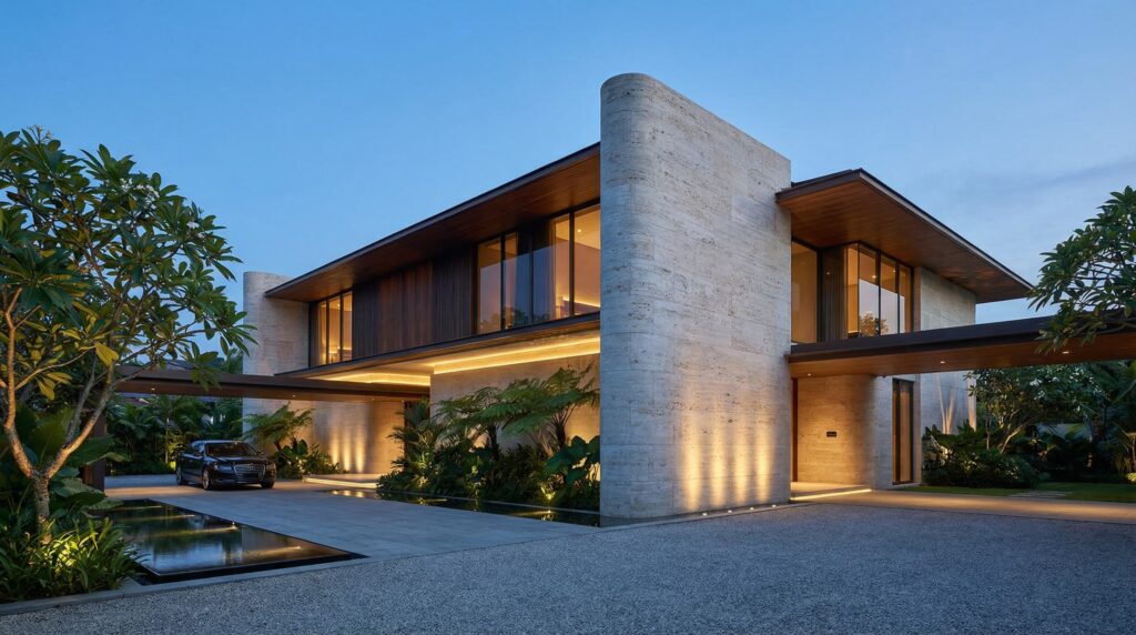 Fachada de casa de luxo com volume curvo em mármore travertino, iluminação LED embutida, grandes vãos de vidro e ampla cobertura em balanço sobre a garagem, projeto por Raphael Davila.