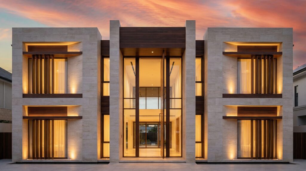 Fachada simétrica de casa de luxo com revestimento em mármore travertino, grandes vãos de vidro com pé-direito duplo, brises horizontais de madeira e iluminação cênica ao entardecer, projeto por Raphael Davila.