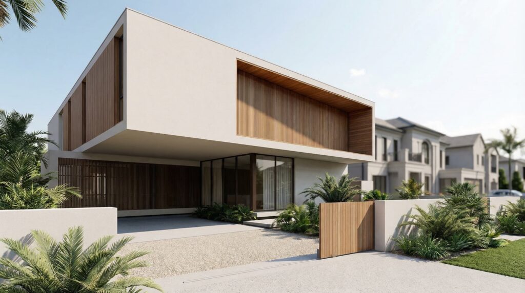 Fachada de casa de luxo com grande volume branco em balanço, nicho revestido com brises de madeira, garagem com painéis ripados e paisagismo tropical, projeto por Raphael Davila.