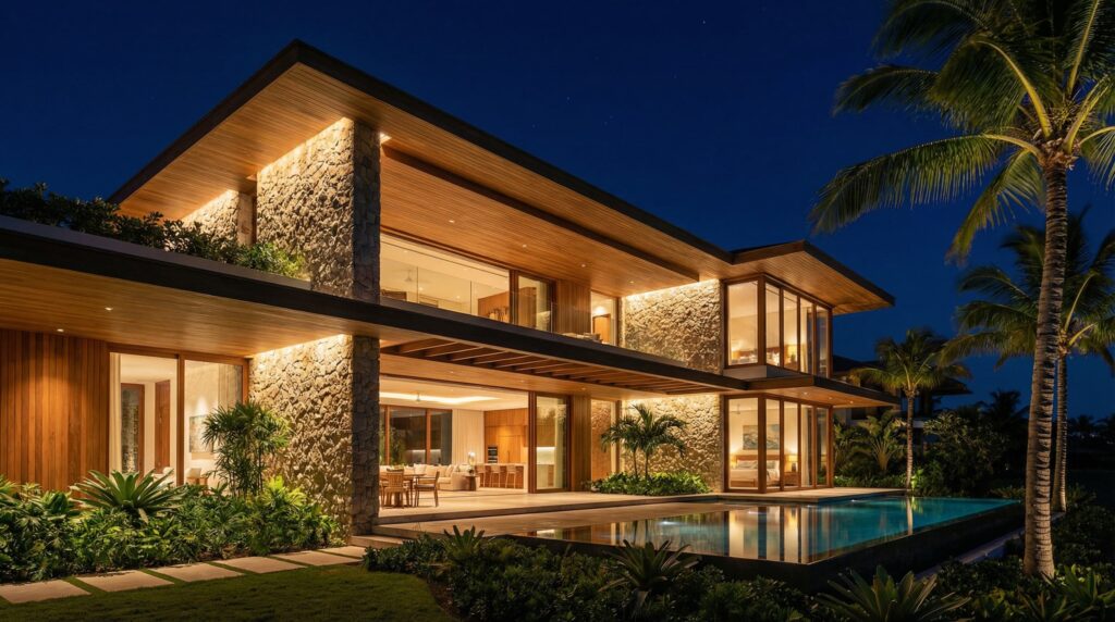 Fachada posterior de casa de luxo com dois pavimentos, paredes em pedra bruta, forros em madeira com iluminação quente, piscina com borda infinita e grandes vãos de vidro integrando o living, projeto por Raphael Davila.
