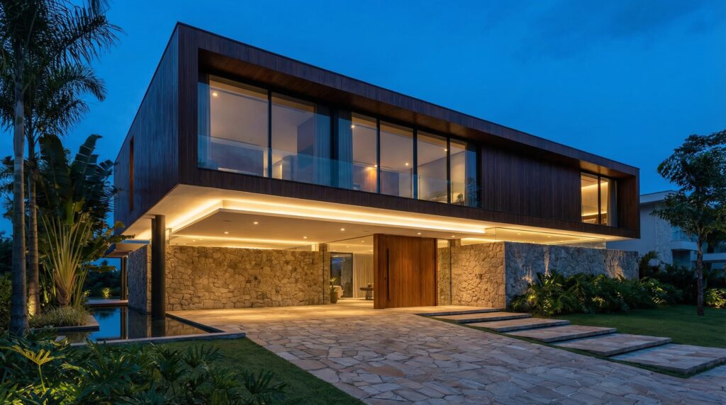 Fachada de casa de luxo com pavimento superior em madeira em grande balanço, base em pedra moledo, iluminação linear zenital, porta pivotante monumental e espelho d'água, projeto por Raphael Davila.