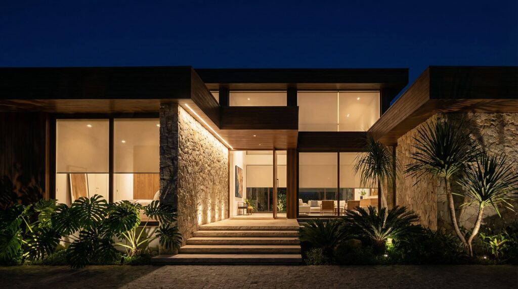 Fachada noturna de casa de luxo com paredes em pedra moledo, iluminação linear embutida no forro de madeira, grandes vãos envidraçados e escada de entrada em pedra clara, projeto por Raphael Davila.