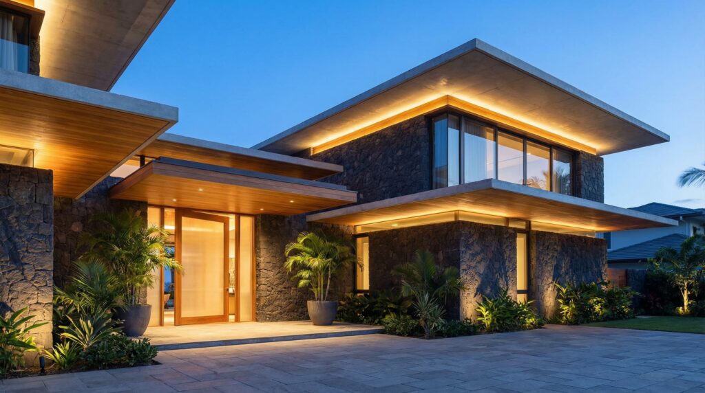 Fachada noturna de casa de luxo com volumes revestidos em pedra bruta escura, lajes de concreto em balanço com forro de madeira e iluminação embutida, projeto por Raphael Davila.