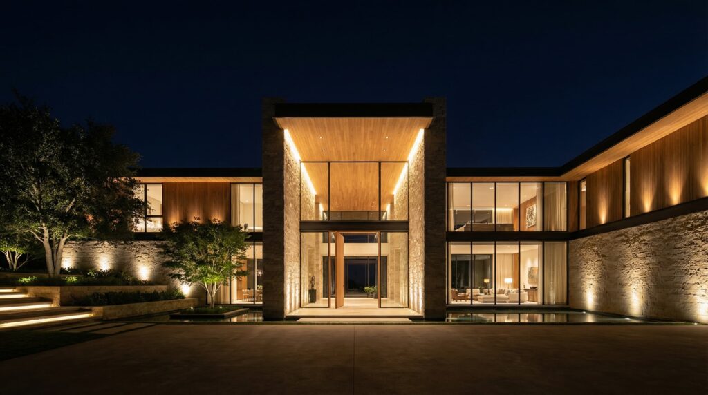 Fachada noturna de casa de alto padrão com pórtico central em pé-direito duplo, forro em madeira iluminado, paredes em pedra natural, grandes planos de vidro e espelho d'água, projeto por Raphael Davila.