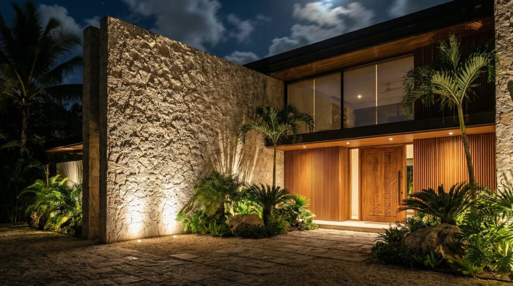 Fachada de entrada de casa de luxo com parede imponente em pedra natural bruta, painéis ripados de madeira, porta esculpida e iluminação cênica noturna, projeto por Raphael Davila.