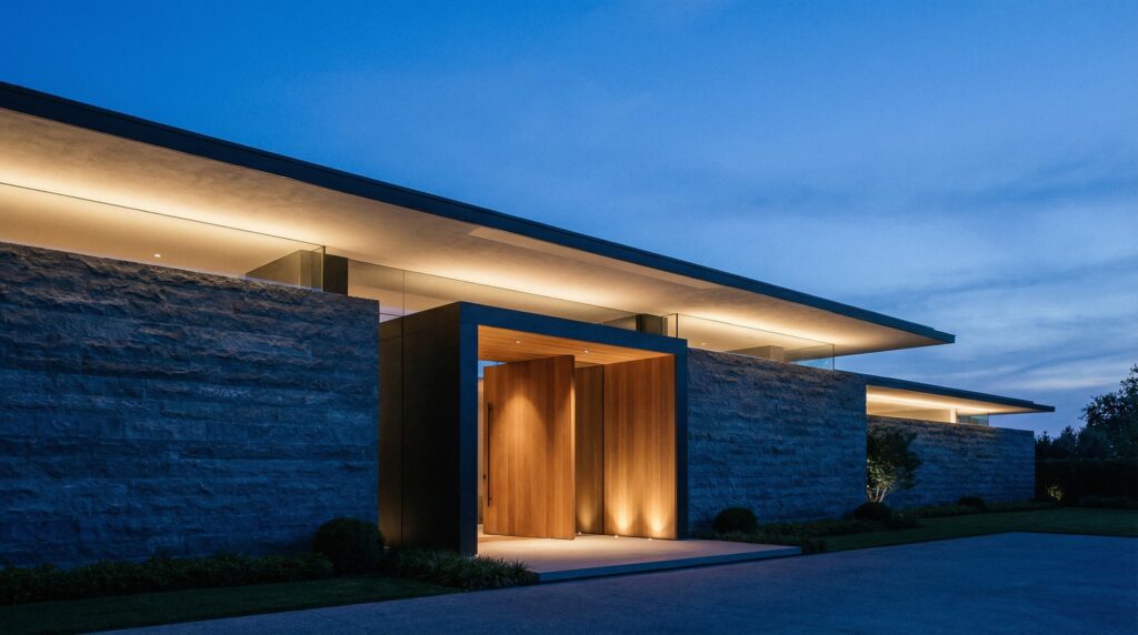 Fachada de casa de luxo com volumes horizontais em pedra cinza, pórtico central preto com forro de madeira iluminado, laje plana e iluminação linear ao entardecer, projeto por Raphael Davila.
