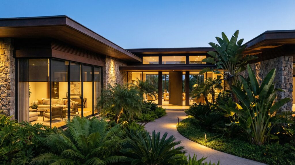 Fachada de casa térrea de luxo com caminho sinuoso em meio a jardim tropical exuberante, paredes de pedra natural, grandes panos de vidro e iluminação suave ao anoitecer, projeto por Raphael Davila.